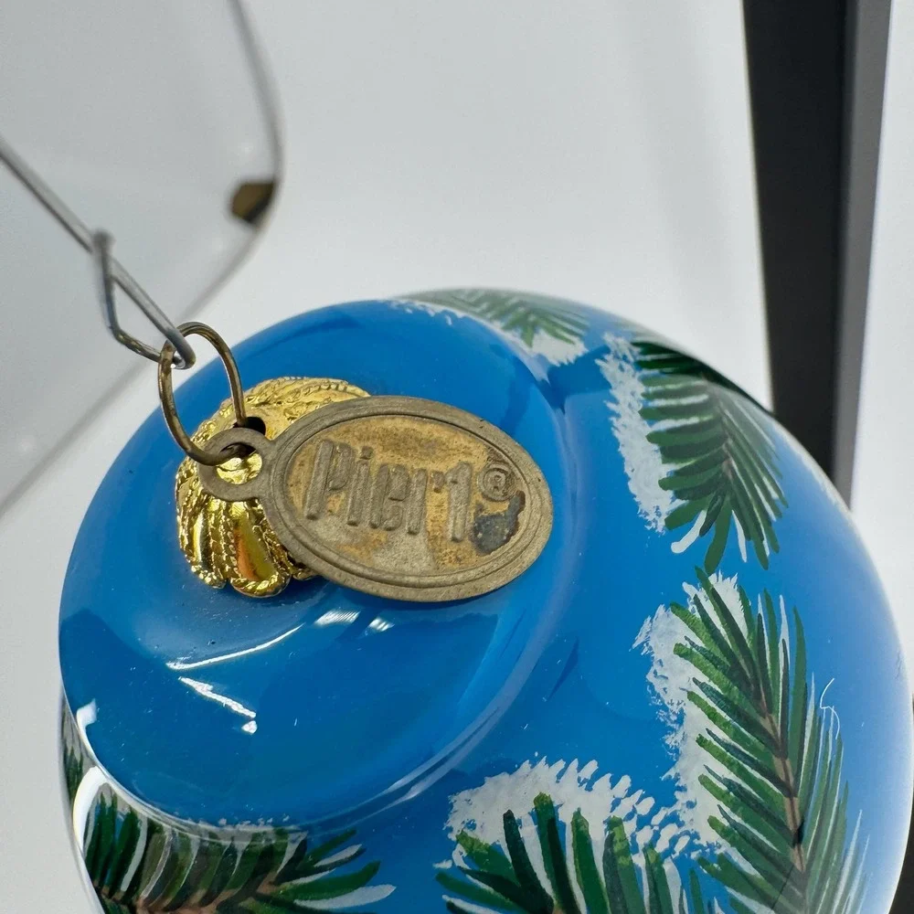 Pier 1 Li Bien Snow Owl Ornament 2015 Hand Painted Glass Blue Christmas Boxed